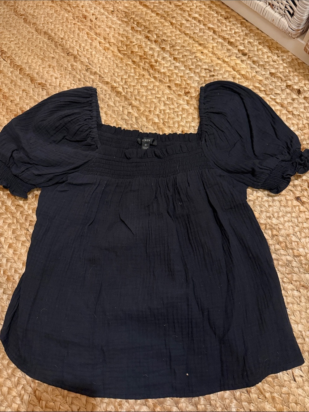 J. Crew Black Puff-Sleeve Smocked Square-Neck Top